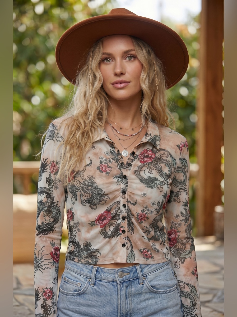 Dragon Floral Mesh Button Front Top Size Large